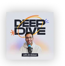Man wearing glasses and hoodie speaking into a microphone with 'DEEP DIVE' text and colorful lines behind him, podcast titled 'with Ali Abdal'.
